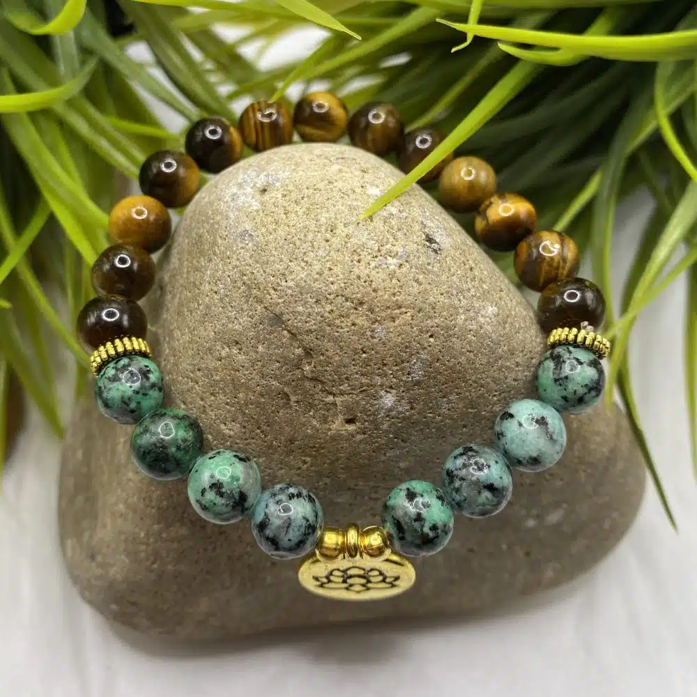 Bracelet Charms Oeil de Tigre & Turquoise - Lotus