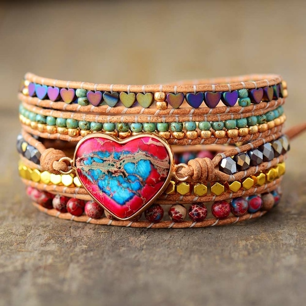 Bracelet Manchette Concentration en pierres naturelles de jaspe et pendentif coeur vendu par la Boutique Z Comme Zen