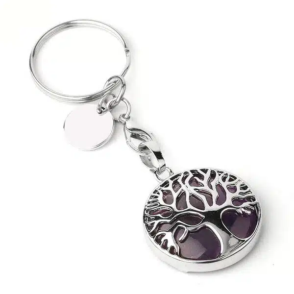 Porte-Clés Arbre de Vie en Pierres Naturelles Améthsyte agrémenté d'un arbre de vie argenté vendu par la Boutique Z Comme Zen spécialisée en Lithothérapie