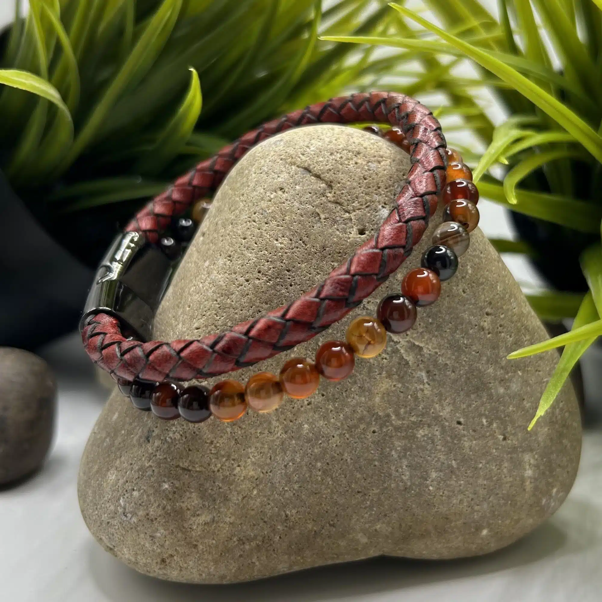 Bracelet Cuir et Pierres de Protection - Agate Rouge