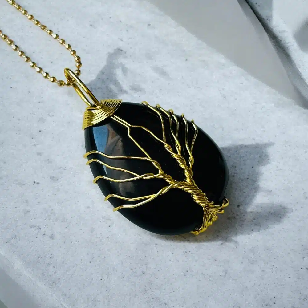 Collier Pendentif - Arbre de Vie Précieux Doré - Agate Noire