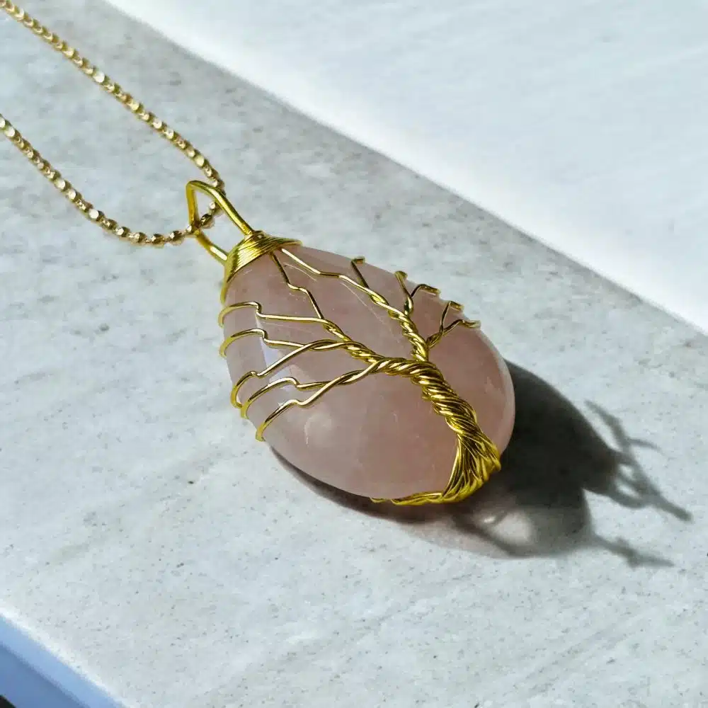 Collier Pendentif - Arbre de Vie Précieux Doré - Quartz Rose