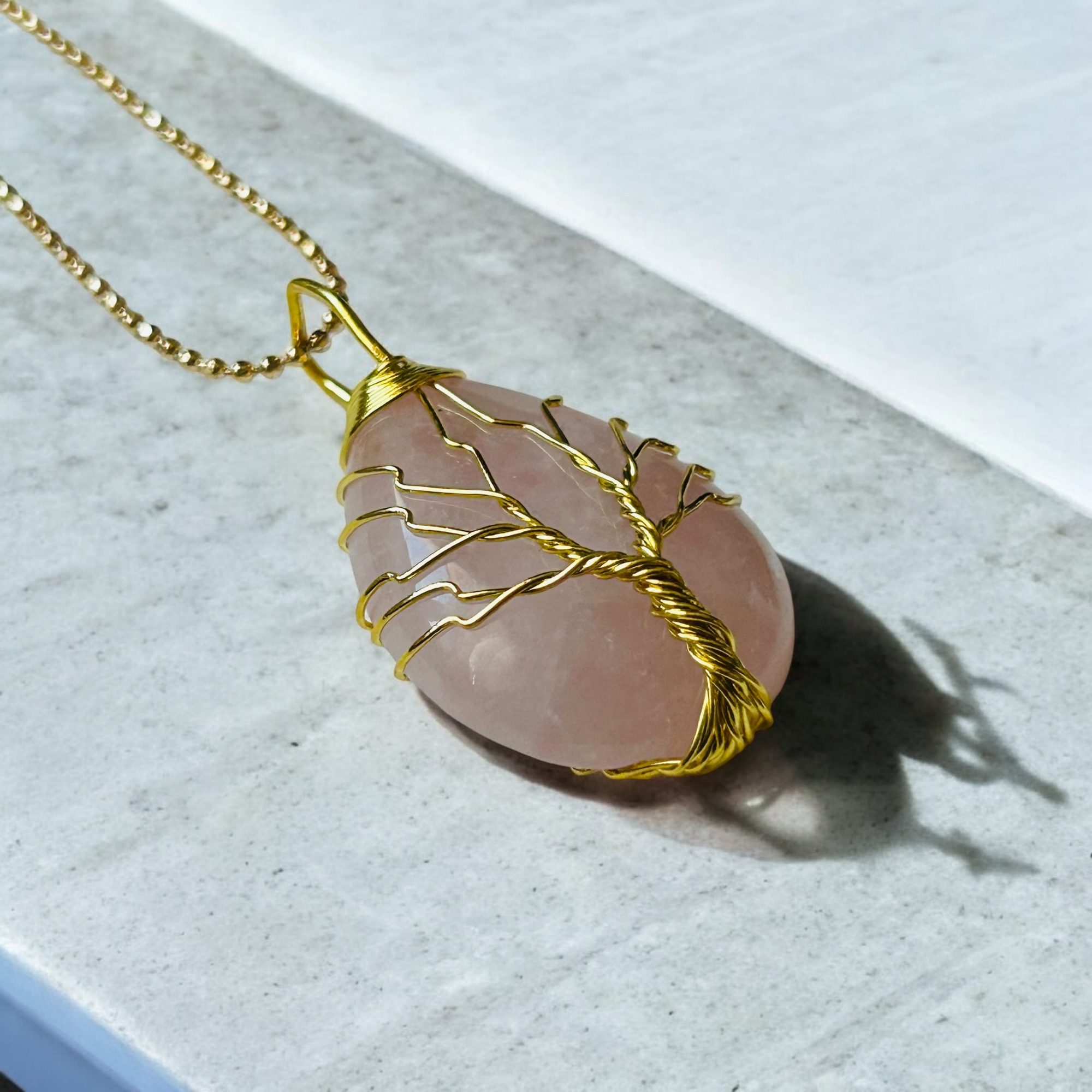 Collier Pendentif - Arbre de Vie Précieux Doré - Quartz Rose – Image 2