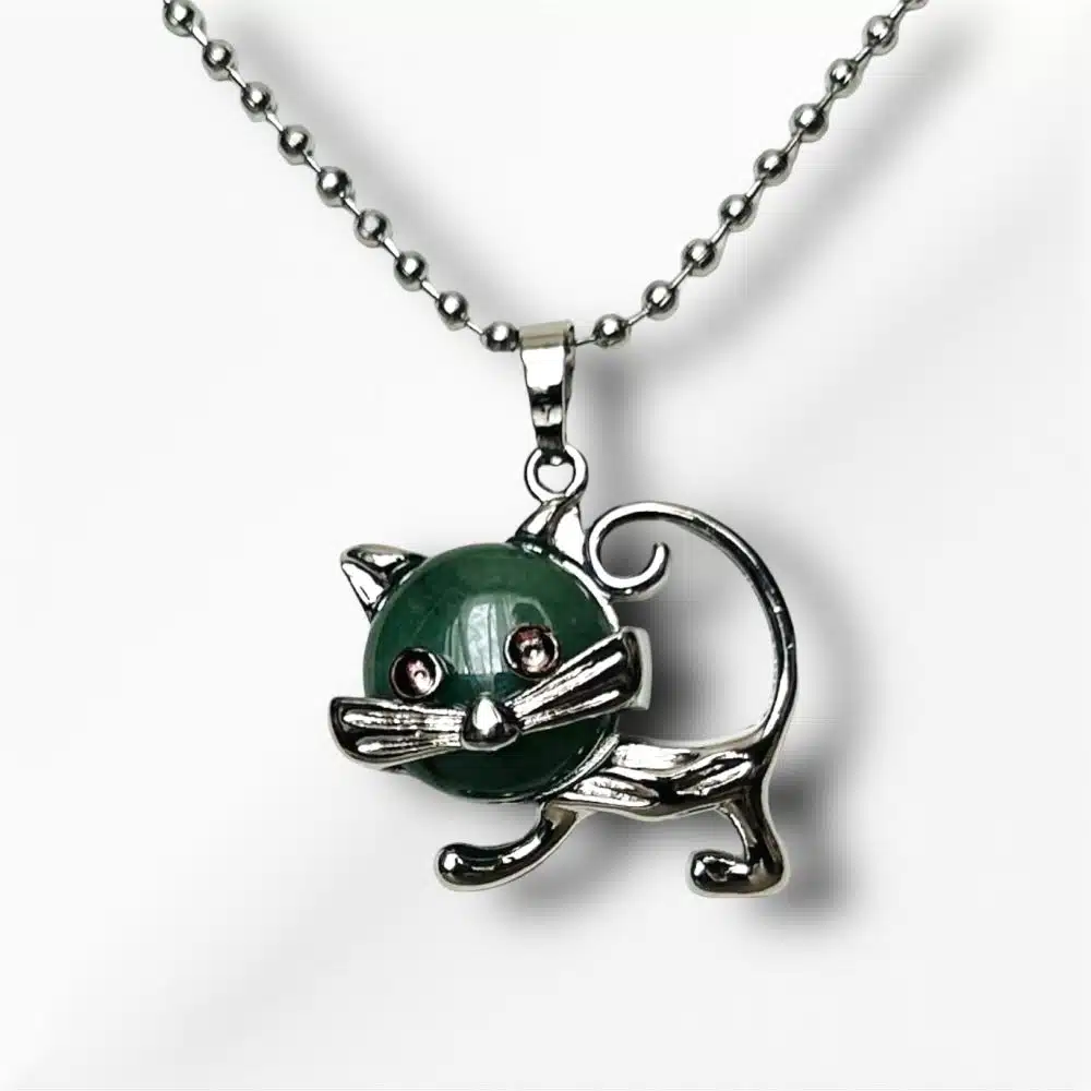 Collier Pendentif Chat Argenté Bombay - Aventurine Verte
