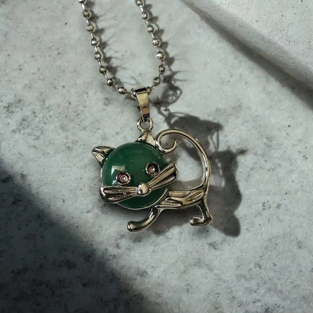 Collier Pendentif Chat Argenté Bombay - Aventurine Verte