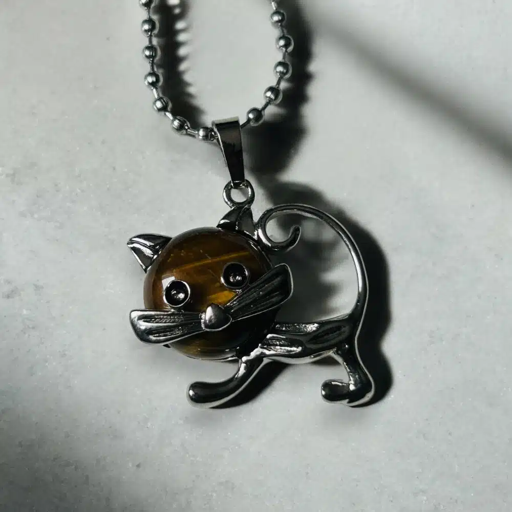 Collier Pendentif Chat Argenté Bombay - Oeil de Tigre