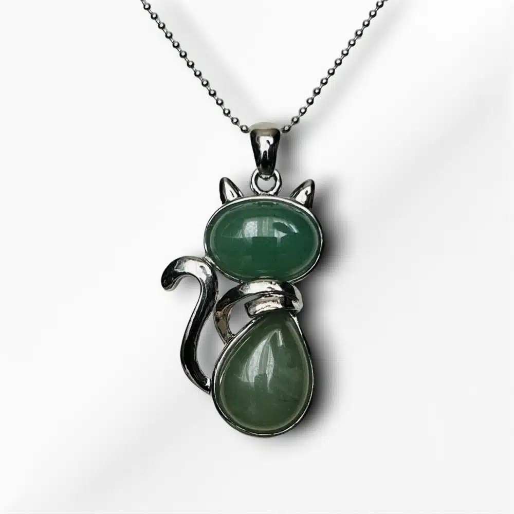 Collier Pendentif Chat Précieux - Aventurine Verte