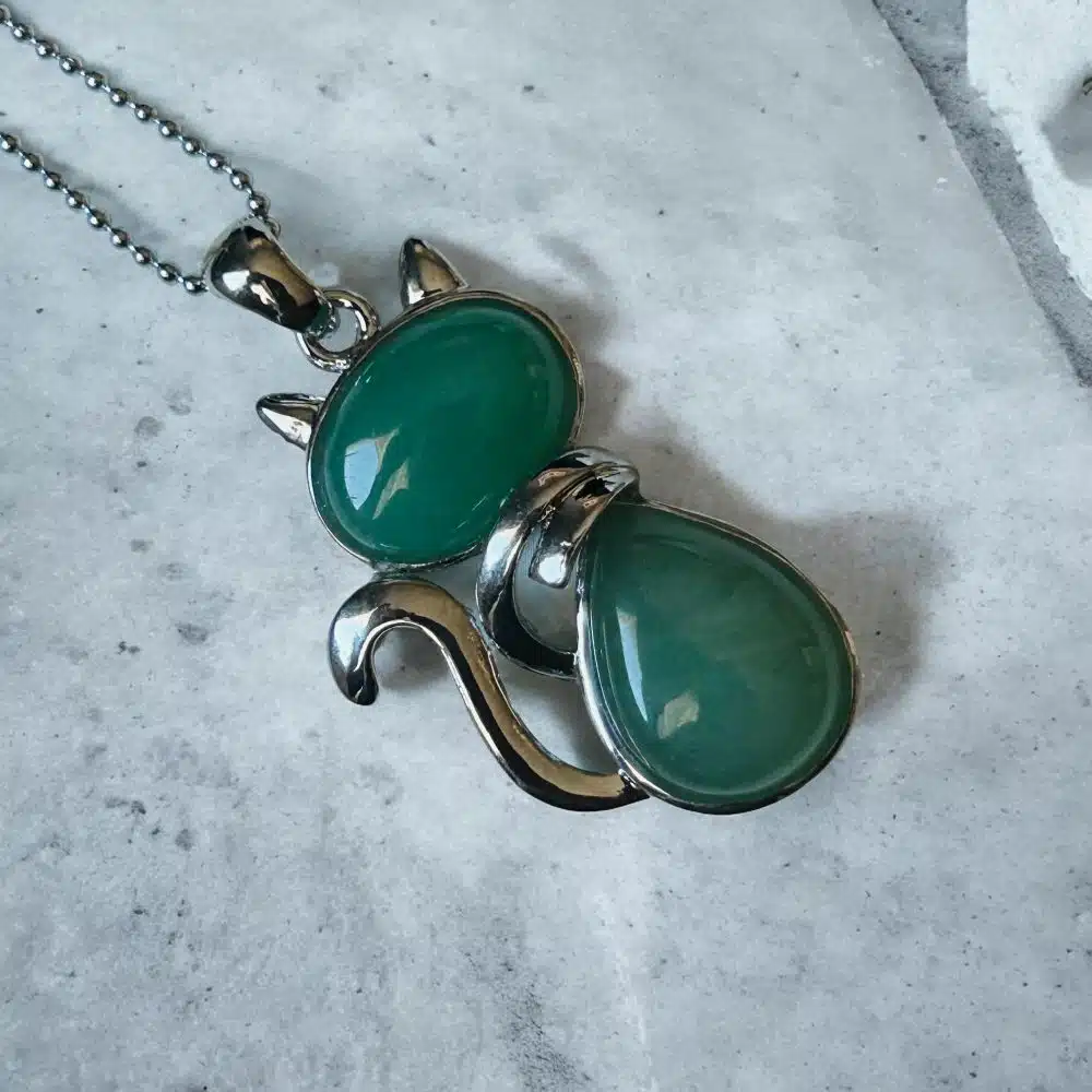 Collier Pendentif Chat Précieux - Aventurine Verte