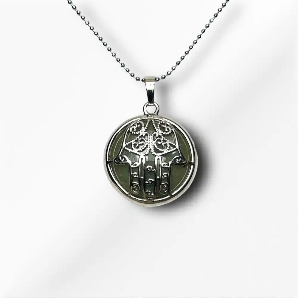 Collier Pendentif Main de Fatma Argenté - Aventurine Verte