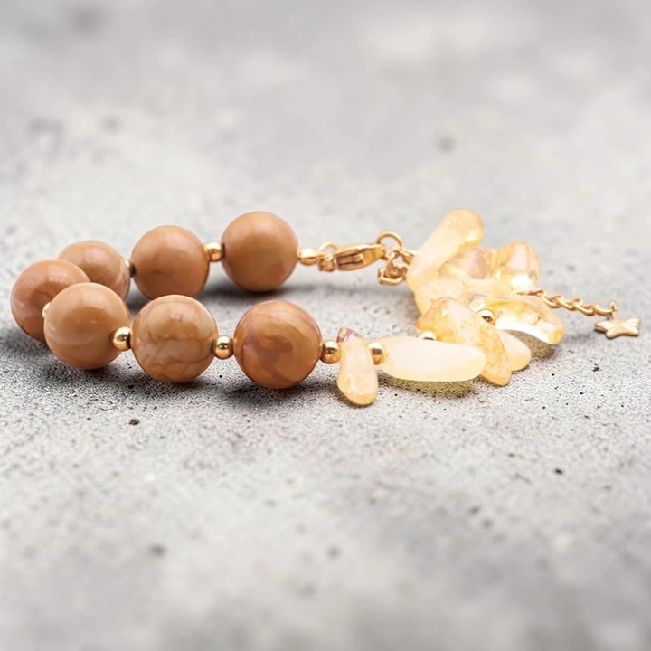 Bracelet Acier & Pierres Naturelles • Natalia • Jaune • Améthyste Chauffée & Bois Fossile